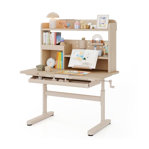 COSTWAY Schreibtisch Kinder, Kinderschreibtisch 52-74 cm höhenverstellbar mit neigbarer Tischplatte, Kindertisch mit Regal, Schublade, & Buchständer, Schülerschreibtisch für Kinder ab 3 Jahren (Natur) von COSTWAY