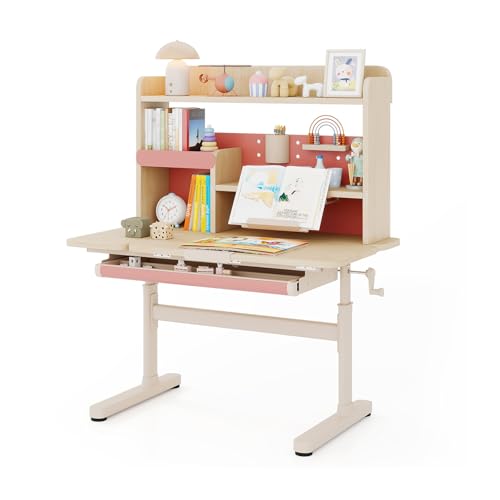 COSTWAY Schreibtisch Kinder, Kinderschreibtisch 52-74 cm höhenverstellbar mit neigbarer Tischplatte, Kindertisch mit Regal, Schublade, & Buchständer, Schülerschreibtisch für Kinder ab 3 Jahren (Rosa) von COSTWAY