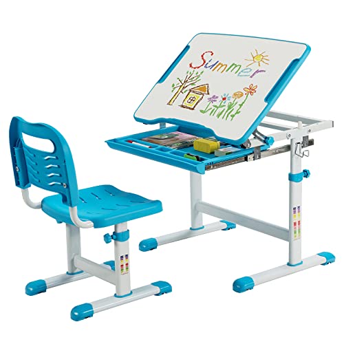 COSTWAY Schreibtisch Kinder, Kinderschreibtisch höhenverstellbar mit neigbarer Tischplatte & Schublade, multifunktionaler Schreibtisch mit Stuhl für Jungs & Mädchen (Blau) von COSTWAY