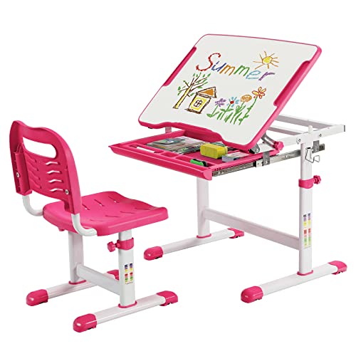 COSTWAY Schreibtisch Kinder, Kinderschreibtisch höhenverstellbar mit neigbarer Tischplatte & Schublade, multifunktionaler Schreibtisch mit Stuhl für Jungs & Mädchen (Pink) von COSTWAY