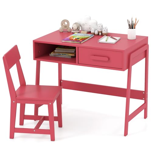 COSTWAY Schreibtisch Kinder mit Stuhl, Kinderschreibtisch Set aus Holz, Jugendschreibtisch mit Schublade & Ablage, Schülerschreibtisch für Kinder ab 3 Jahren, 85 x 46 x 70 cm (Rosa) von COSTWAY