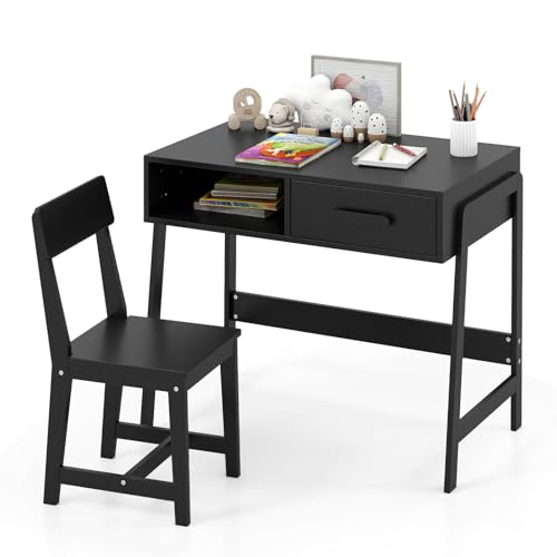 COSTWAY Schreibtisch Kinder mit Stuhl, Kinderschreibtisch Set aus Holz, Jugendschreibtisch mit Schublade & Ablage, Schülerschreibtisch für Kinder ab 3 Jahren, 85 x 46 x 70 cm (Schwarz) von COSTWAY