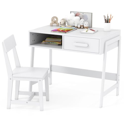 COSTWAY Schreibtisch Kinder mit Stuhl, Kinderschreibtisch Set aus Holz, Jugendschreibtisch mit Schublade & Ablage, Schülerschreibtisch für Kinder ab 3 Jahren, 85 x 46 x 70 cm (Weiß) von COSTWAY