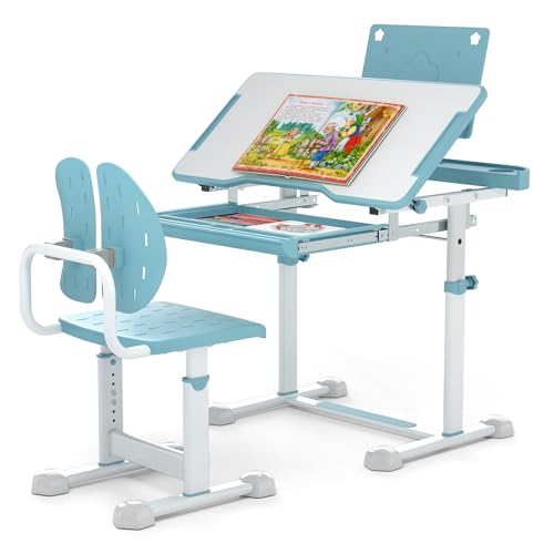 COSTWAY Schreibtisch Kinder mit Stuhl, Kinderschreibtisch höhenverstellbar mit neigbarer Tischplatte, Jugendschreibtisch mit Schublade & Buchständer für Schulanfänger ab 3 Jahren (Blau) von COSTWAY
