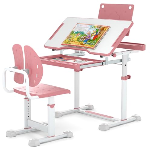 COSTWAY Schreibtisch Kinder mit Stuhl, Kinderschreibtisch höhenverstellbar mit neigbarer Tischplatte, Jugendschreibtisch mit Schublade & Buchständer für Schulanfänger ab 3 Jahren (Rosa) von COSTWAY