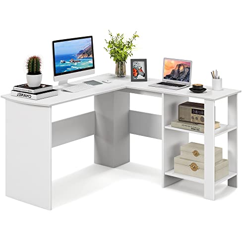 COSTWAY Schreibtisch L-Form, Eckschreibtisch mit 2 Kabellöchern & Ablagefächern, Ecktisch, Computertisch, Bürotisch für Zuhause oder Büro, 130 x 130 x 74 cm (Weiß) von COSTWAY