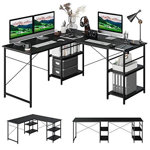 COSTWAY Schreibtisch L-Form, reversibler Eckschreibtisch mit 4 Ablagen, Ecktisch mit 3 Kabellöchern, Gaming Computertisch Bürotisch für Home Office, 151 x 151 x 75 cm (Schwarz) von COSTWAY