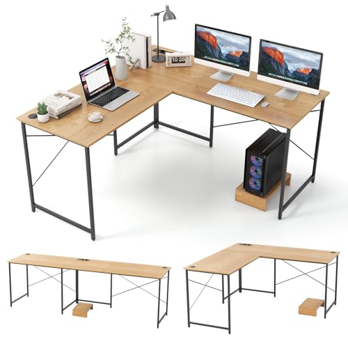 COSTWAY Schreibtisch L-Form, reversibler Eckschreibtisch mit Ladestation, Ecktisch mit Kabellöchern und abnehmbarem CPU-/Monitorständer, Gaming Computertisch, Bürotisch für Home Office (Natur) von COSTWAY