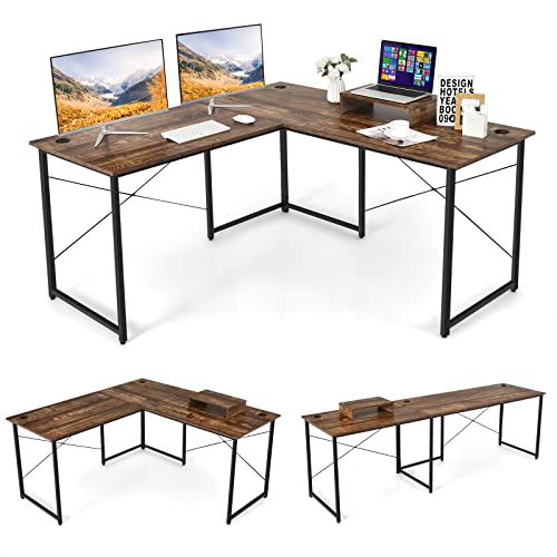 COSTWAY Schreibtisch L-Form, reversibler Eckschreibtisch mit Monitorständer, Ecktisch mit 3 Kabellöchern, Gaming Computertisch Bürotisch für Home Office, 150 x 150 x 74 cm (Rustikales Braun) von COSTWAY