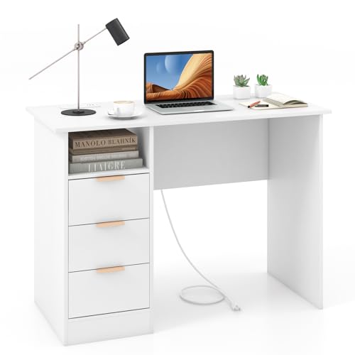 COSTWAY Schreibtisch mit 3 Schubladen und Ladestation, Kleiner Computertisch, Kinderschreibtisch, moderner Bürotisch, PC-Tisch für Schlafzimmer, Arbeitszimmer, Büro, weiß, 108 x 48 x 76 cm von COSTWAY