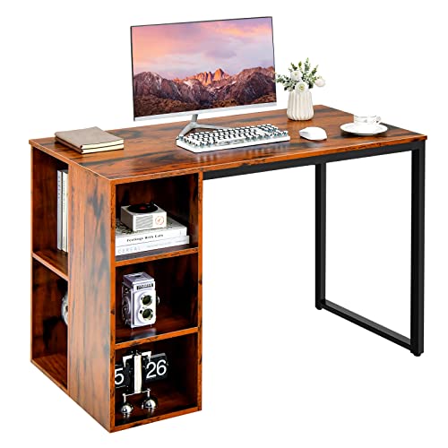 COSTWAY Schreibtisch mit 5 Fächern, Computertisch mit Metallrahmen, moderner Arbeitstisch, Bürotisch aus Holz, PC-Tisch, 115 x 59,5 x 75 cm (Rustikales Braun) von COSTWAY