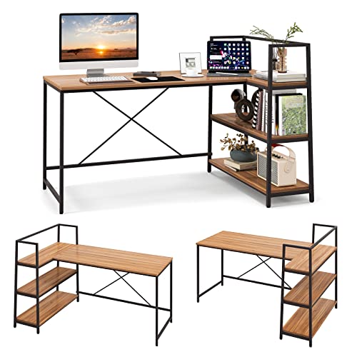 COSTWAY Schreibtisch mit Regalen, Computertisch L-förmig, Eckschreibtisch Bürotisch PC-Tisch Holz, Arbeitstisch Metallgestell, für Home Office, Büro, Arbeitszimmer, 148x100x90 cm (Walnuss) von COSTWAY