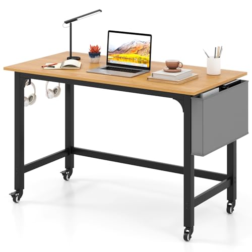 COSTWAY Schreibtisch mit Rollen, Computertisch mit Abnehmbarer Stofftasche & Kopfhörerhaken, Arbeitstisch mit 4 Rädern, Bürotisch rollbar, PC-Tisch, 120 x 60 x 75 cm, Natur von COSTWAY
