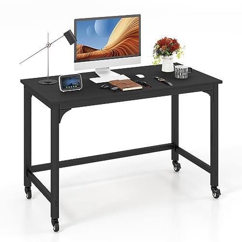 COSTWAY Schreibtisch mit Rollen, Computertisch mit Metallrahmen, Arbeitstisch mit 4 Rädern, Bürotisch rollbar, PC-Tisch, 120 x 60 x 76 cm, Schwarz von COSTWAY