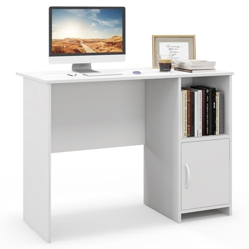 COSTWAY Schreibtisch mit Schrank, Computertisch mit Kabellöchern und offenem Regal, Bürotisch, PC-Tisch, Arbeitstisch für kleine Räume, 106 x 50 x 77,5 cm, Weiß von COSTWAY