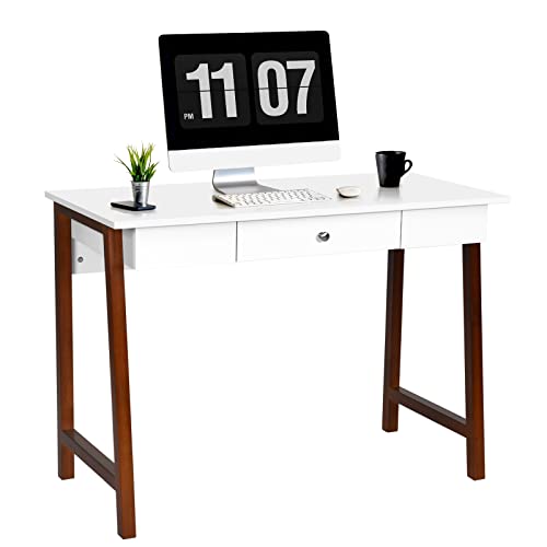 COSTWAY Schreibtisch mit Schublade, Kleiner Computertisch Schminktisch aus Holz, Bürotisch für Büro Arbeitszimmer, weiß/braun, 106 x 50 x 75 cm von COSTWAY