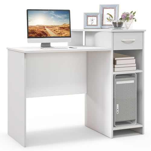 COSTWAY Schreibtisch mit Schublade, Druckerablage und verstellbarem Regal, Computertisch, Arbeitstisch, Bürotisch, PC-Tisch für kleine Räume, 102 x 49,5 x 84,5 cm, Weiß von COSTWAY