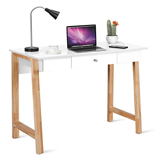 COSTWAY Schreibtisch mit Schublade, Kleiner Computertisch Schminktisch aus Holz, Bürotisch für Büro Arbeitszimmer, weiß/Eiche, 106 x 50 x 75 cm von COSTWAY