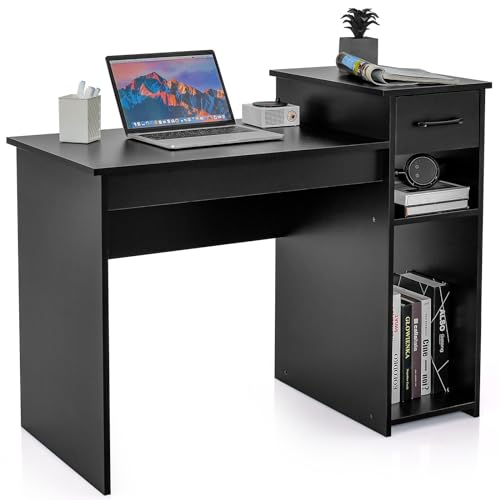 COSTWAY Schreibtisch mit Schublade und offenen Regalen, Computertisch Holz, Arbeitstisch Bürotisch PC-Tisch für kleine Räume, 104 x 50 x 82 cm, Schwarz von COSTWAY