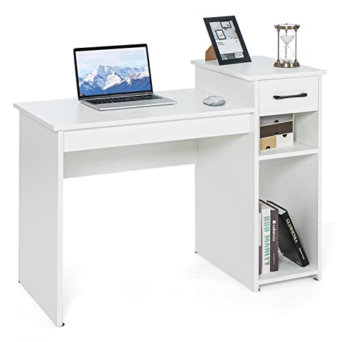 COSTWAY Schreibtisch mit Schublade und offenen Regalen, Computertisch Holz, Arbeitstisch Bürotisch PC-Tisch für kleine Räume, 104 x 50 x 82 cm, Weiß von COSTWAY