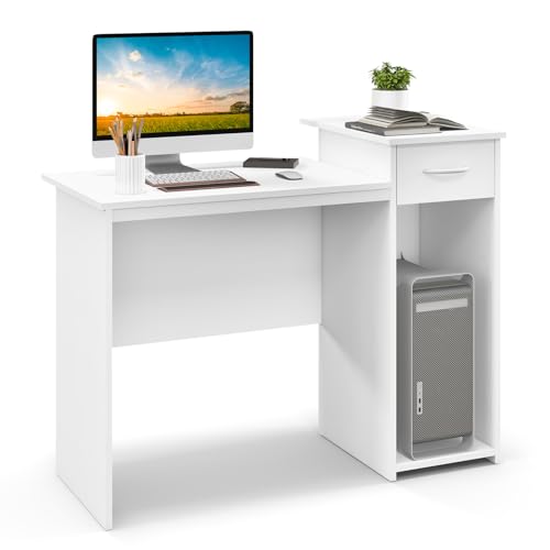 COSTWAY Schreibtisch mit Schublade und verstellbarem Regal, Computertisch mit Kabelloch, Arbeitstisch, Bürotisch, PC-Tisch für kleine Räume, 110 x 50 x 82 cm, Weiß von COSTWAY