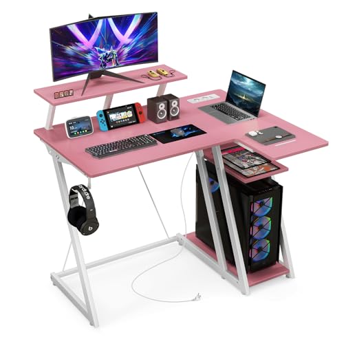 COSTWAY Schreibtisch mit Steckdosen & USB-Anschlüssen, Kleiner Computertisch mit Monitorständer, Kopfhörerhaken, Ablagefach & CPU-Ständer, Eckschreibtisch für kleine Räume, 107 x 45 x 93 cm (Rosa) von COSTWAY