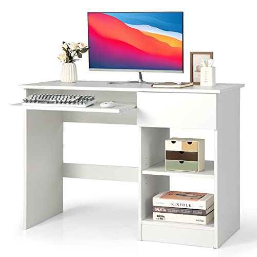 COSTWAY Schreibtisch mit Tastaturablage, Schublade und verstellbarem Regal, Computertisch, PC-Tisch, Bürotisch für kleine Räume, weiß, 108 x 48 x 75 cm von COSTWAY