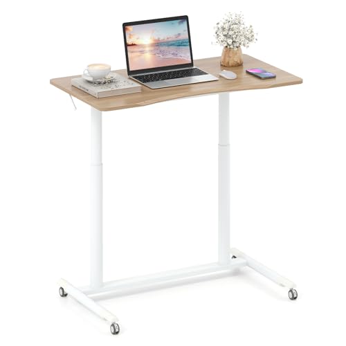 COSTWAY Schreibtsich C-förmig mit Rollen, 70-106 cm höhenverstellbar, Kleiner Computertisch mit Metallrahmen, mobiles Stehpult, Laptoptisch, Steh-Sitzschreibtisch für Zuhause, Büro (Natur) von COSTWAY