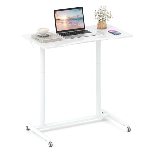 COSTWAY Schreibtsich C-förmig mit Rollen, 70-106 cm höhenverstellbar, Kleiner Computertisch mit Metallrahmen, mobiles Stehpult, Laptoptisch, Steh-Sitzschreibtisch für Zuhause, Büro (Weiß) von COSTWAY