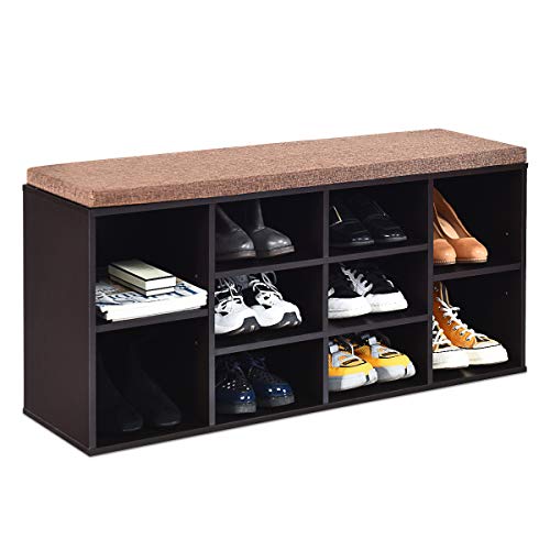 COSTWAY Schuhbank mit Sitzfläche, Schuhregal Holz, Schuhkommode Schuhablage Schuhschrank, Sitzbank mit 10 offenen Fächern, Sitzkissen, 104 x 30 x 48 cm (Braun) von COSTWAY