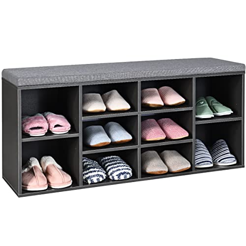 COSTWAY Schuhbank mit Sitzfläche, Schuhregal Holz, Schuhkommode Schuhablage Schuhschrank, Sitzbank mit 10 offenen Fächern, Sitzkissen, 104 x 30 x 48 cm (Grau) von COSTWAY