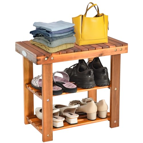 COSTWAY Schuhregal mit Sitzbank, Schuhbank mit 2 Ablagen, Schuhschrank aus Holz, Schuhständer für Bad, Wohnzimmer und Eingangsbereich, 50 x 28 x 45 cm von COSTWAY