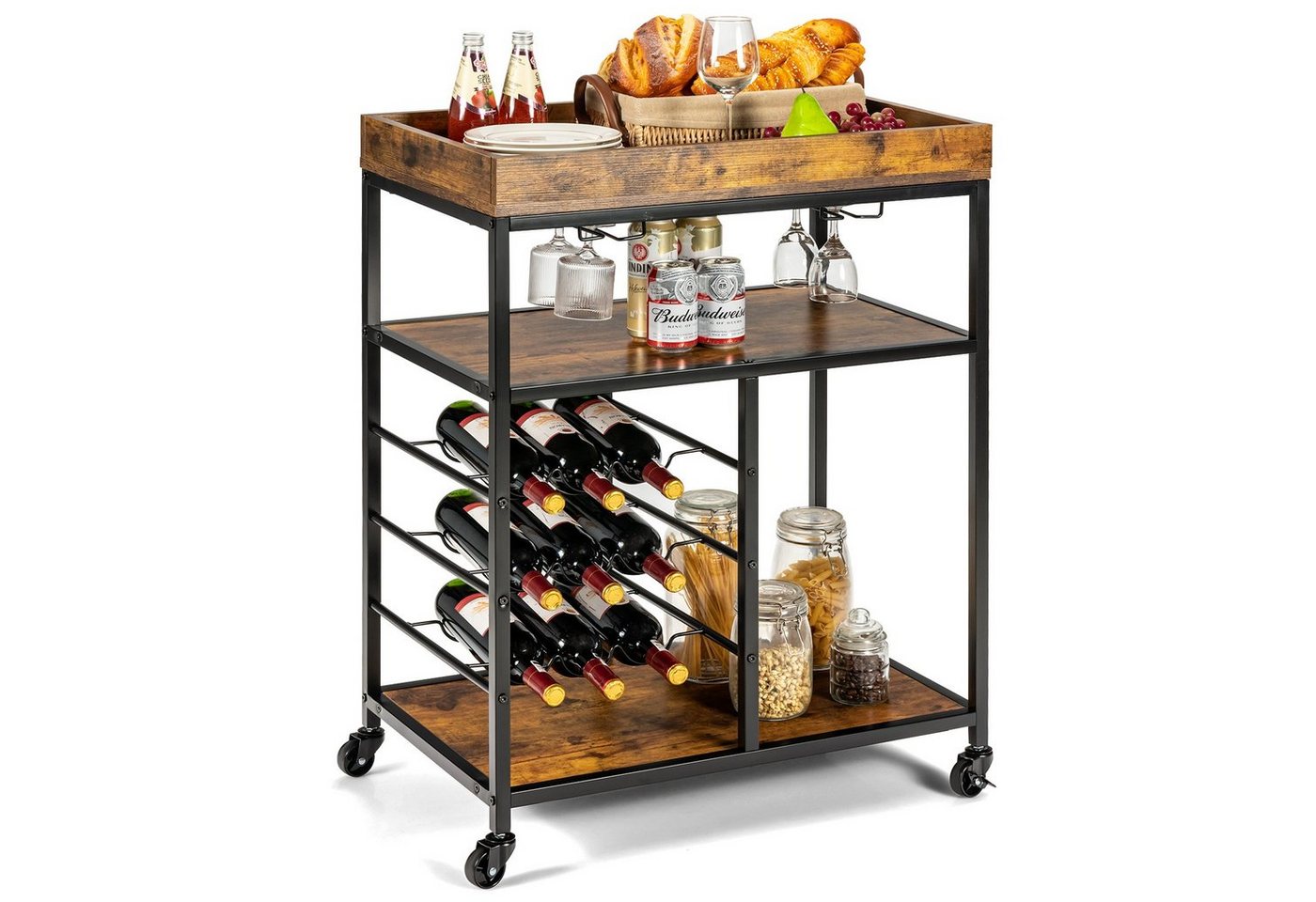 COSTWAY Servierwagen, mit Rollen, Weinregal&Glashalter, 3 Ebenen 71x44x93,5cm von COSTWAY