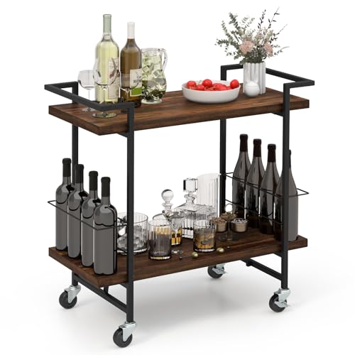 COSTWAY Servierwagen mit Rollen, Küchenwagen Industrie-Design, seitlicher Schutz für Weinflaschen, 2 Ebenen Barwagen Holz mit Metallrahmen, Rollwagen für Küche, Esszimmer & Wohnzimmer von COSTWAY