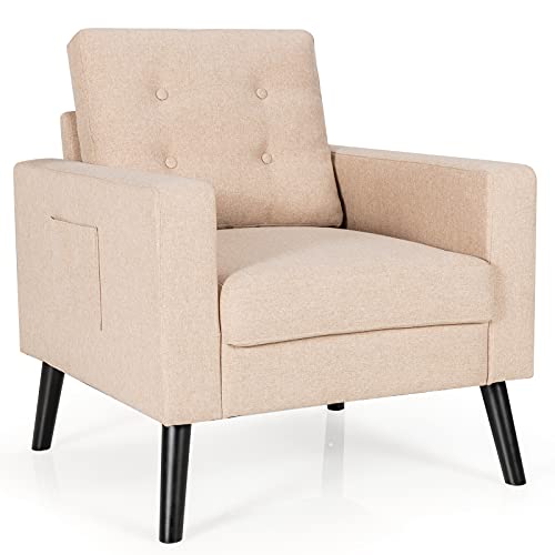 COSTWAY Sessel mit 2 Seitentaschen, Ohrensessel mit Armlehnen und Rückenkissen, Einzelsofa gepolstert, Fernsehsessel Relaxsessel Clubsessel, für Wohnzimmer, Schlafzimmer & Büro, modern (Beige) von COSTWAY