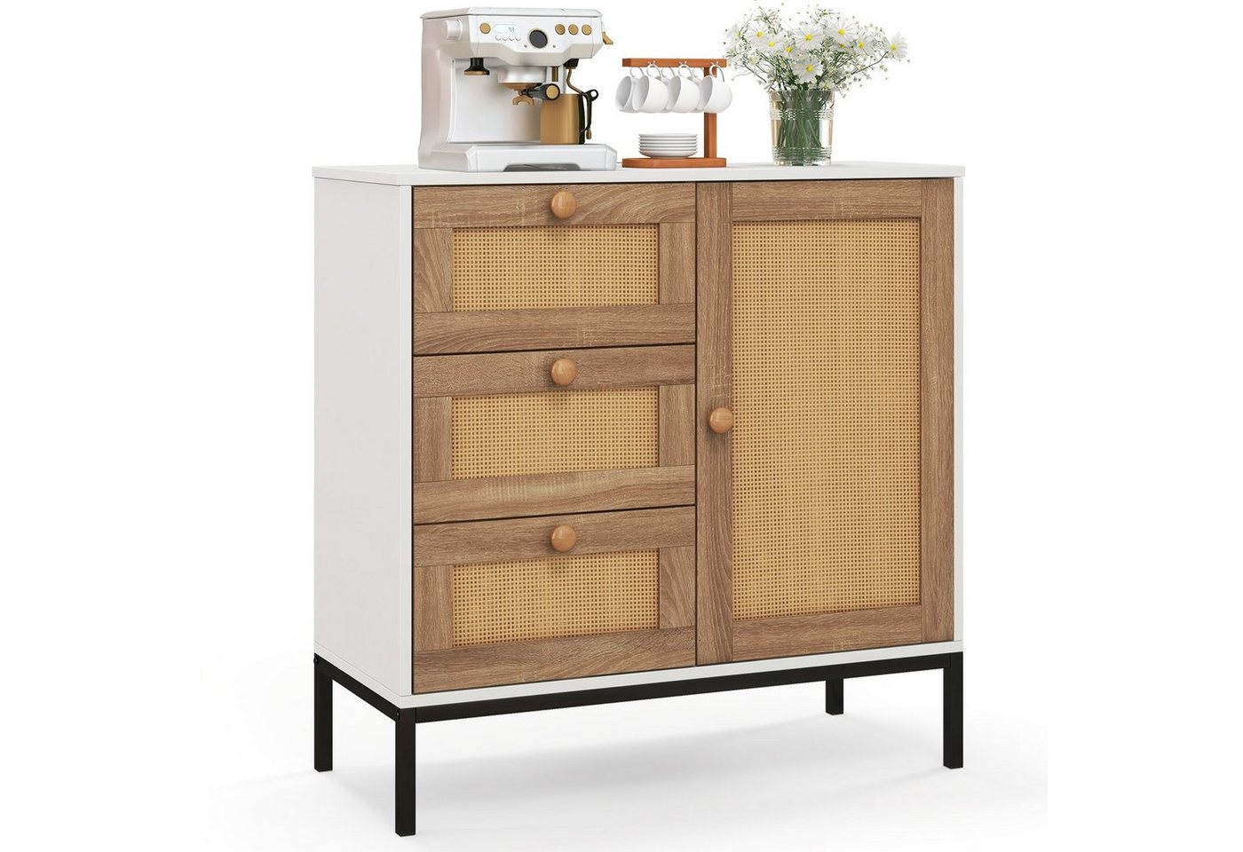 COSTWAY Sideboard, Küche, mit 3 Schubladen & Tür, Rattan, 80x35x80,5cm, weiß von COSTWAY