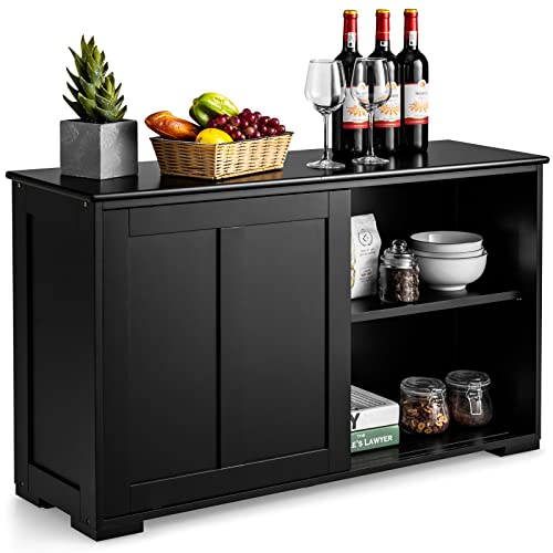 COSTWAY Sideboard, Küchenschrank mit Schiebetüren, höhenverstellbarer Ablage, Beistellschrank für Küche, Esszimmer und Wohnzimmer, 107 x 33 x 60 cm, Schwarz von COSTWAY