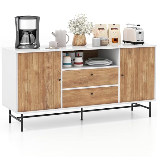 COSTWAY Sideboard Holz, Buffetschrank mit Schiebetüren & 2 Schubladen, Buffet mit Metallbeinen & Kippschutz, TV Schrank modern, für Küche Esszimmer Wohnzimmer, Weiß+Natur, 150 x 45 x 74 cm von COSTWAY