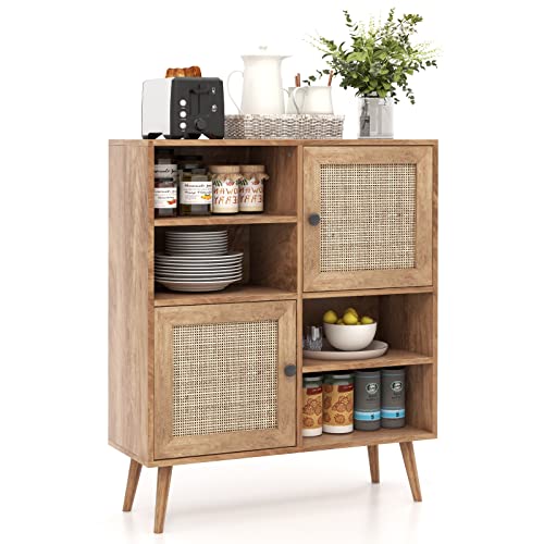 COSTWAY Sideboard Holz, Kommode mit 4 Fächern & 2 Türen, Anrichteschrank Rattan, Schrank modern, 80 x 29,5 x 97cm von COSTWAY