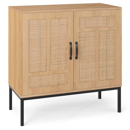 COSTWAY Sideboard Rattan Aufbewahrungsschrank, Boho Buffet Akzentschrank, Buffetschrank mit 3-Fach verstellbarem Regal & 2 Türen für Küche, Esszimmer, Wohnzimmer & Flur (Natur) von COSTWAY