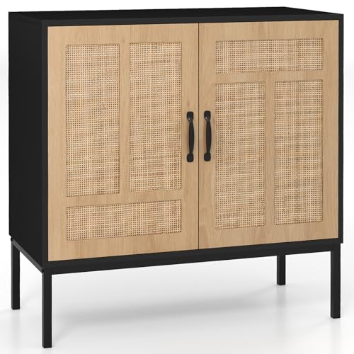 COSTWAY Sideboard Rattan Aufbewahrungsschrank, Boho Buffet Akzentschrank, Buffetschrank mit 3-Fach verstellbarem Regal & 2 Türen für Küche, Esszimmer, Wohnzimmer & Flur (Schwarz) von COSTWAY
