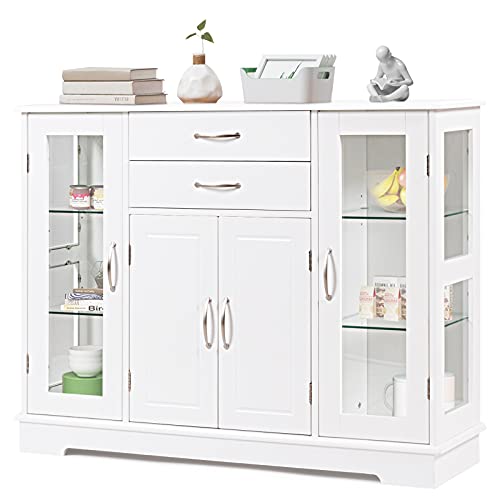 COSTWAY Sideboard Weiss, Küchenschrank Aufbewahrungsschrank mit gehärteten Glastüren und Schubladen, Beistellschrank aus Holz, Buffetschrank für Esszimmer, Küche, 107 x 30 x 82 cm (Weiß) von COSTWAY