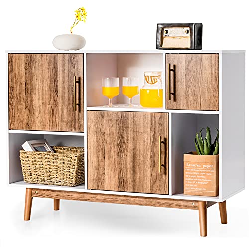 COSTWAY Sideboard aus Kiefernholz, Buffetschrank modern mit 3 Türen, 6 Fächern und 4 Beinen, freistehender Akzentschrank für Wohnzimmer & Schlafzimmer (Weiß+Natur) von COSTWAY