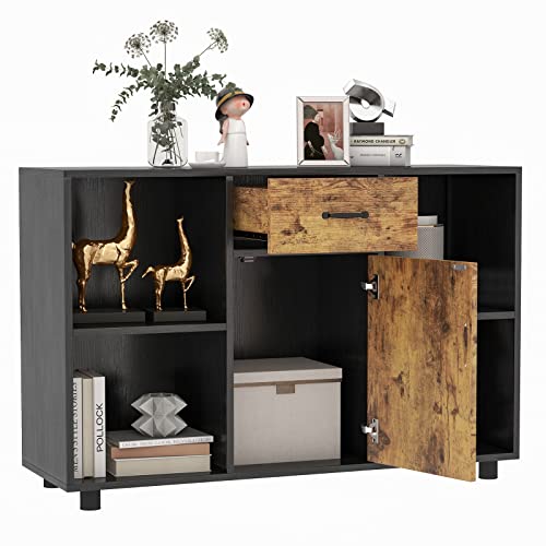 COSTWAY Sideboard mit Schublade, 4 offenen Fächern und 1 Tür, Küchenschrank Antikipp-Schutz, Buffet Schrank Vintage, Aufbewahrungsschrank für Küche, Esszimmer und Wohnzimmer von COSTWAY