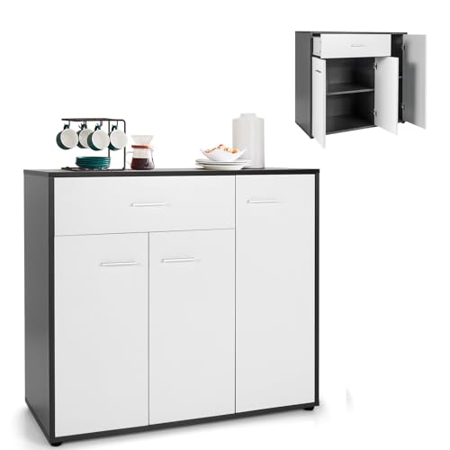 COSTWAY Kommode Küche, Buffetschrank mit Schublade, Küchenschrank mit verstellbarem Regal, Sideboard für Esszimmer, Wohnzimmer und Eingangsbereich, weiß/schwarz, 88 x 40 x 80 cm von COSTWAY