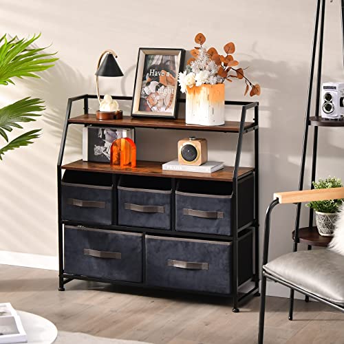 COSTWAY Sideboard mit Stoffschubladen, Stoffkommode mit oberer Ablage & Kippsicherung, freistehende Kleiderkommode industriell für Wohnzimmer, Schlafzimmer (5 Schubladen) von COSTWAY