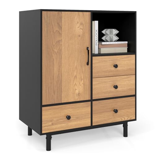 COSTWAY Sideboard modern, Buffet Aufbewahrungsschrank mit 4 Schubladen & offenem Fach, freistehender Kommode Seitenschrank mit Metallbeinen für Wohnzimmer, 80 x 45,5 x 97,5 cm (Schwarz) von COSTWAY