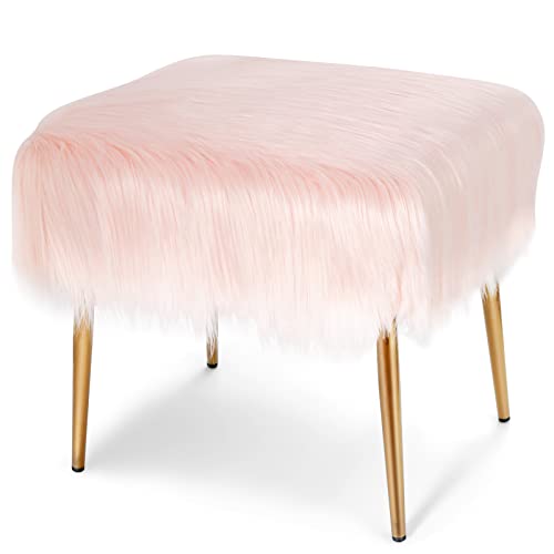 COSTWAY 51 x 41 cm/ 91 x 35,5cm Sitzhocker mit goldenen Beinen, Kunstfell Schminkhocker, Ottomane, Sitzbank für Schlafzimmer und Eingangsbereich von COSTWAY