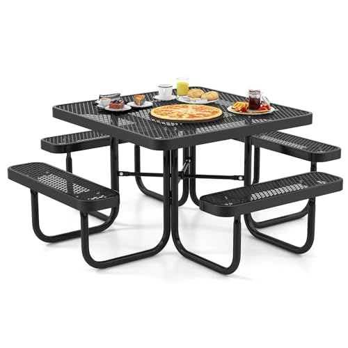 COSTWAY Sitzgarnitur für 8 Personen, Picknicktisch mit Schirmloch & 4 Bänken, quadratischer Gartentisch aus beschichtetem Metall, Gartengarnitur, Gartenmöbel, Sitzgruppe für Garten, Terrasse, Schwarz von COSTWAY