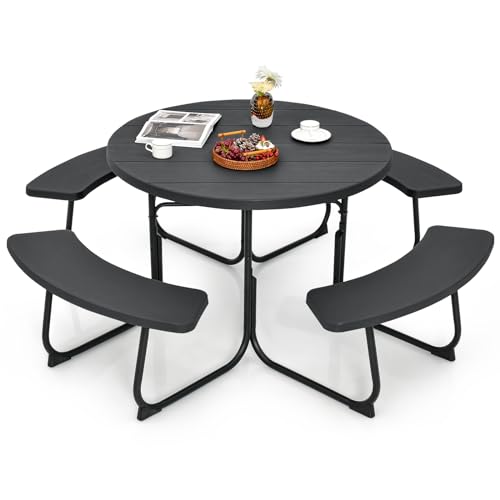 COSTWAY Sitzgarnitur für 8 Personen, Picknicktisch mit Schirmloch & 4 Bänken, runder Gartentisch mit HDPE-Tischplatte und Metallgestell, Gartengarnitur, Gartenmöbel, Sitzgruppe für Garten, Terrasse von COSTWAY